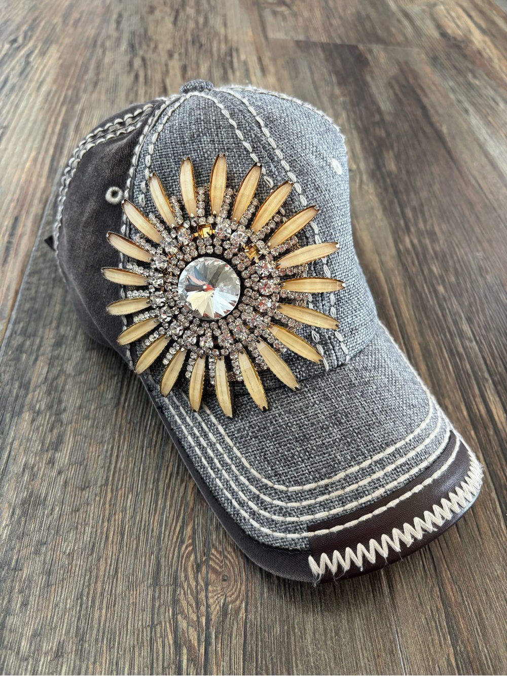 Olive & Pique Rhinestone Flower Baseball Cap Hat Washed Gray Embroidered *Read